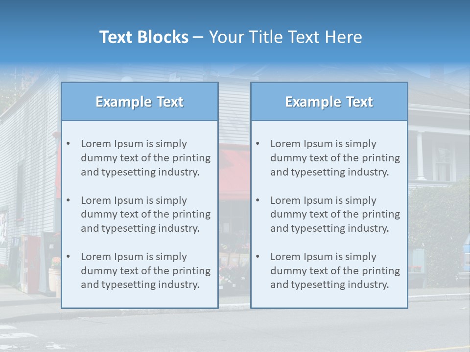 A Blue Building With A Red Awning On A Street Corner PowerPoint Template
