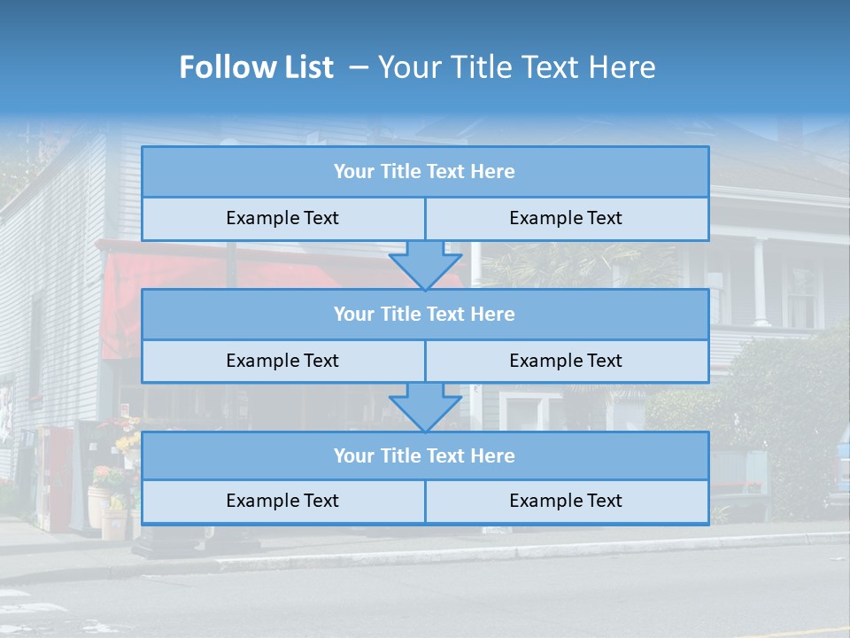A Blue Building With A Red Awning On A Street Corner PowerPoint Template
