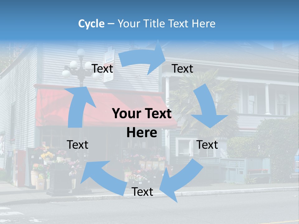 A Blue Building With A Red Awning On A Street Corner PowerPoint Template