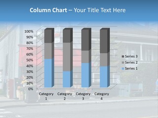 A Blue Building With A Red Awning On A Street Corner PowerPoint Template