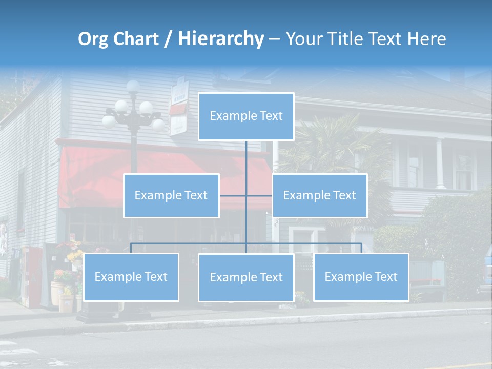 A Blue Building With A Red Awning On A Street Corner PowerPoint Template