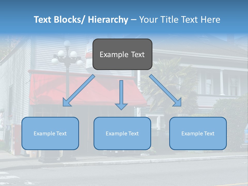 A Blue Building With A Red Awning On A Street Corner PowerPoint Template