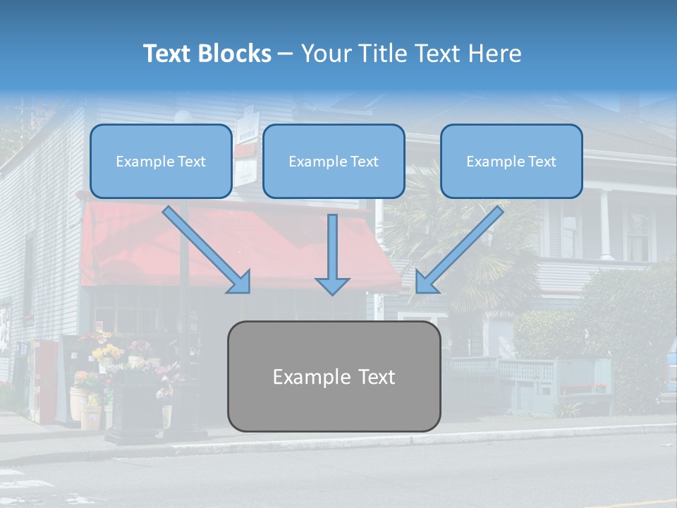 A Blue Building With A Red Awning On A Street Corner PowerPoint Template