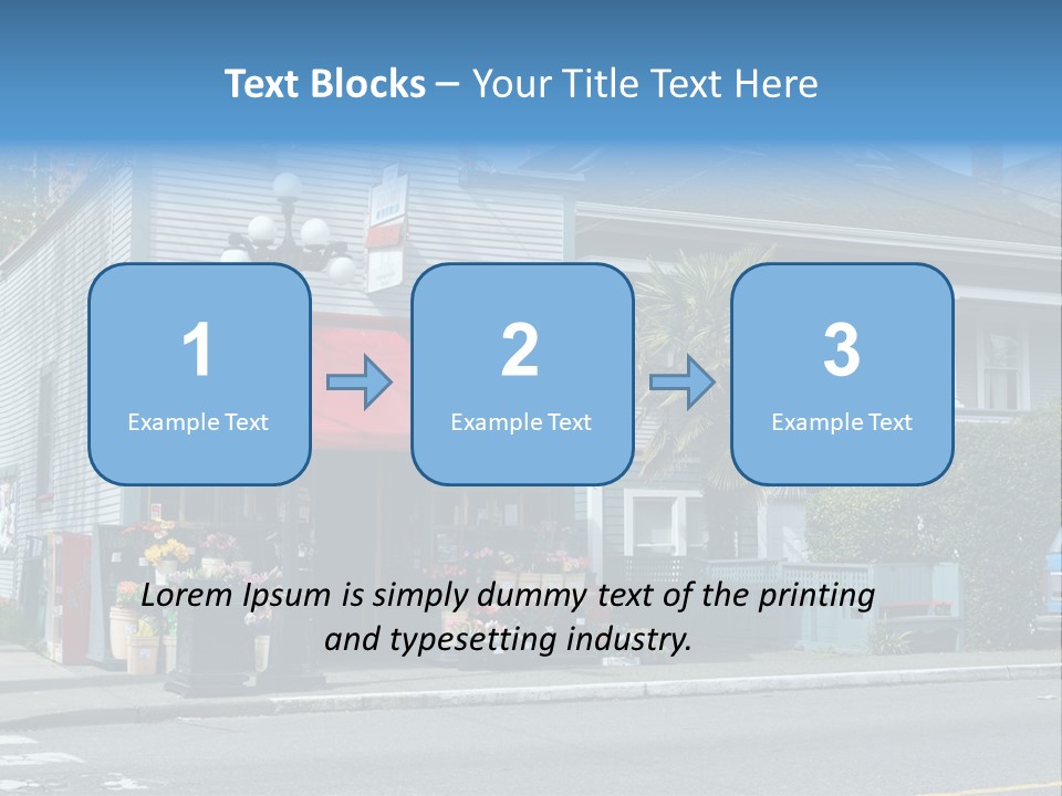 A Blue Building With A Red Awning On A Street Corner PowerPoint Template