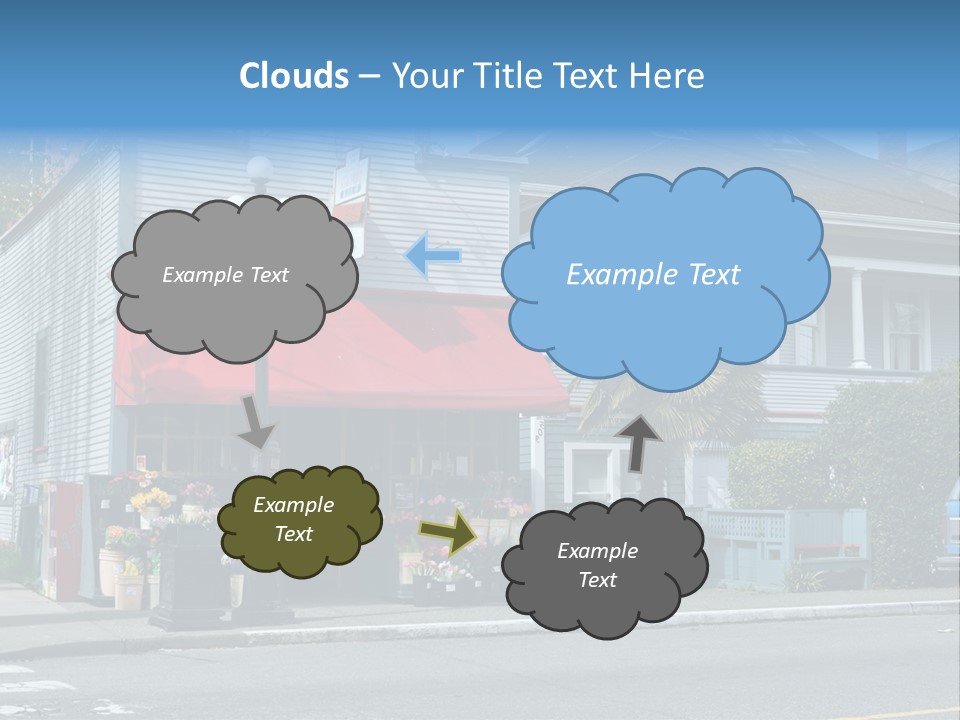 A Blue Building With A Red Awning On A Street Corner PowerPoint Template