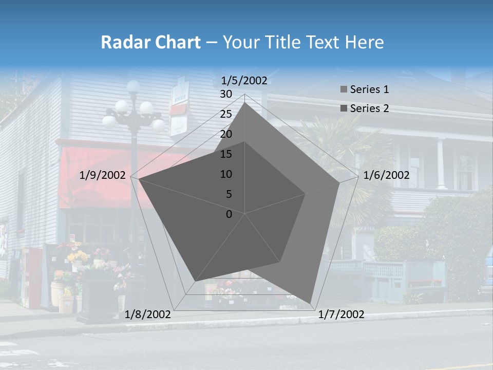 A Blue Building With A Red Awning On A Street Corner PowerPoint Template