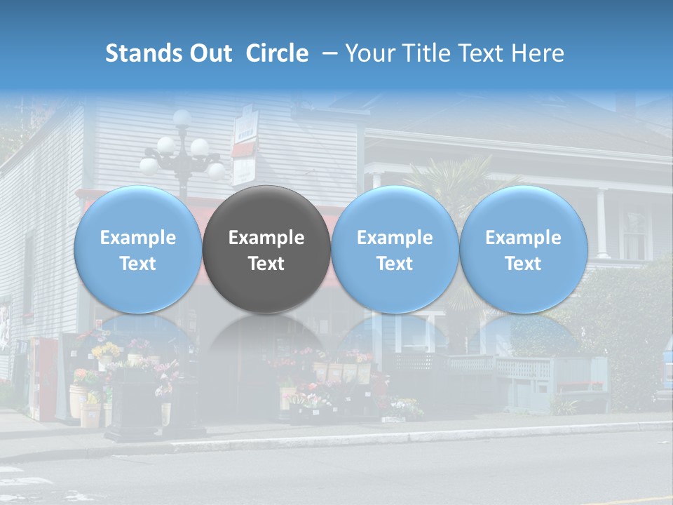 A Blue Building With A Red Awning On A Street Corner PowerPoint Template