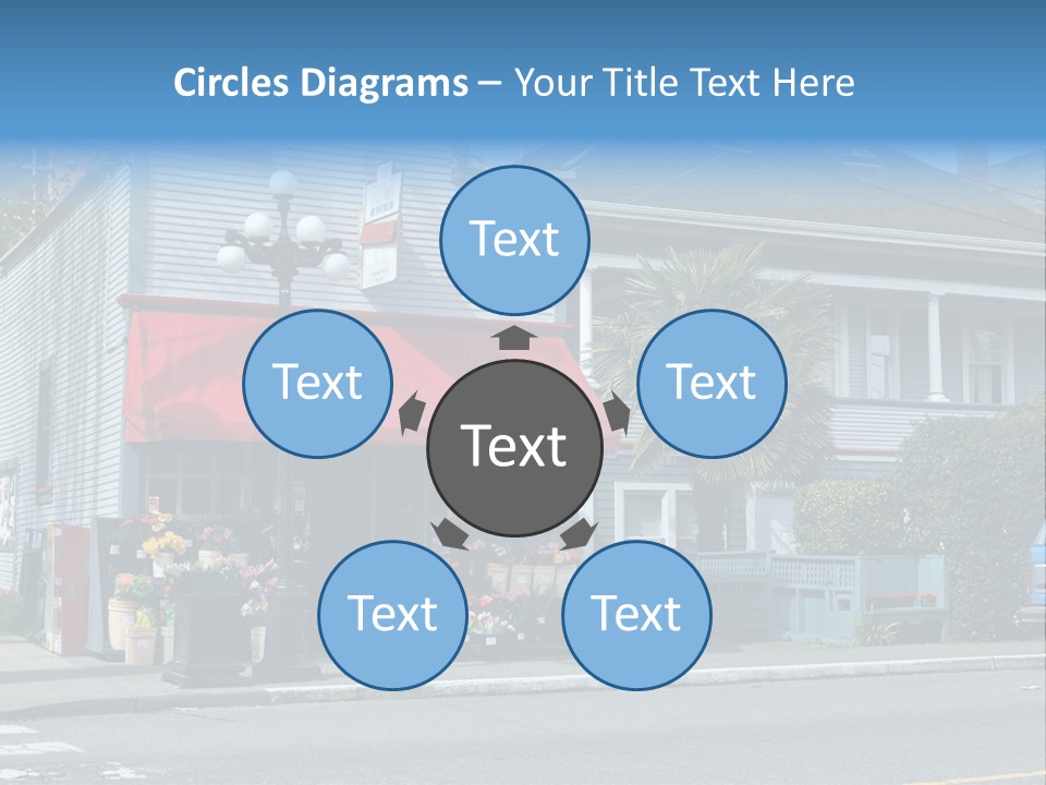 A Blue Building With A Red Awning On A Street Corner PowerPoint Template