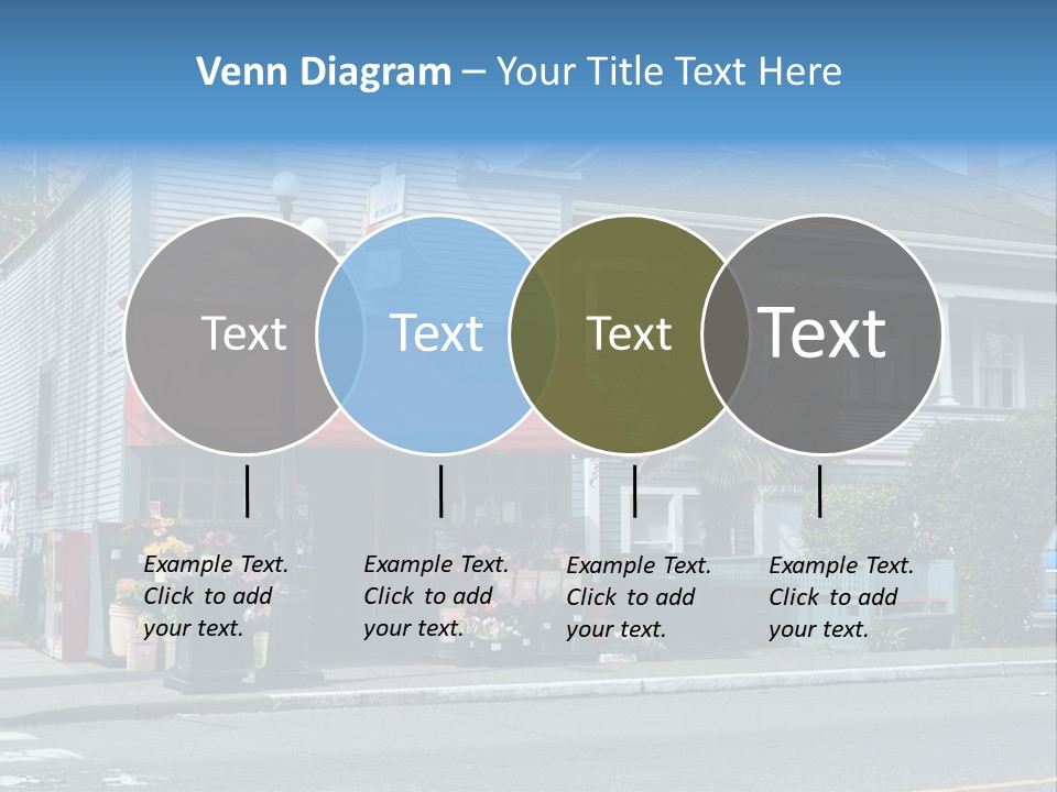 A Blue Building With A Red Awning On A Street Corner PowerPoint Template