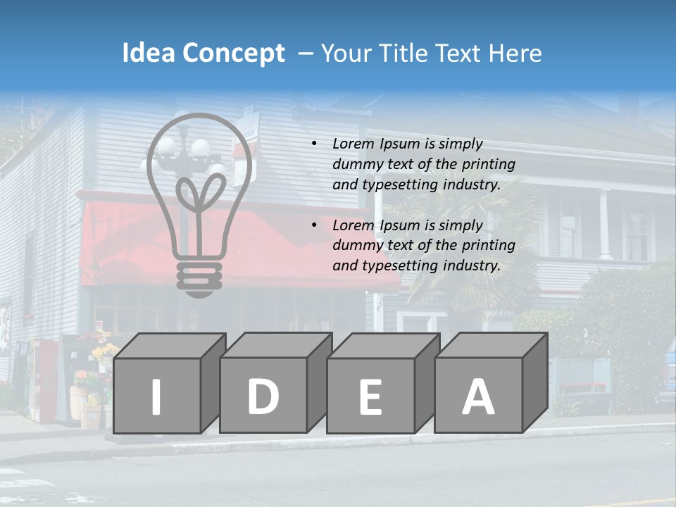 A Blue Building With A Red Awning On A Street Corner PowerPoint Template