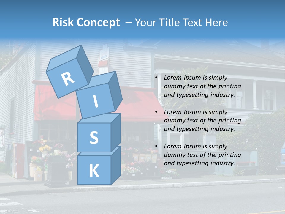 A Blue Building With A Red Awning On A Street Corner PowerPoint Template