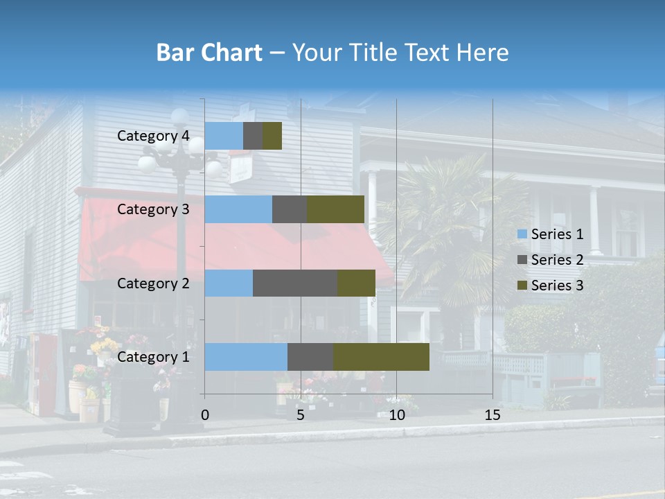 A Blue Building With A Red Awning On A Street Corner PowerPoint Template