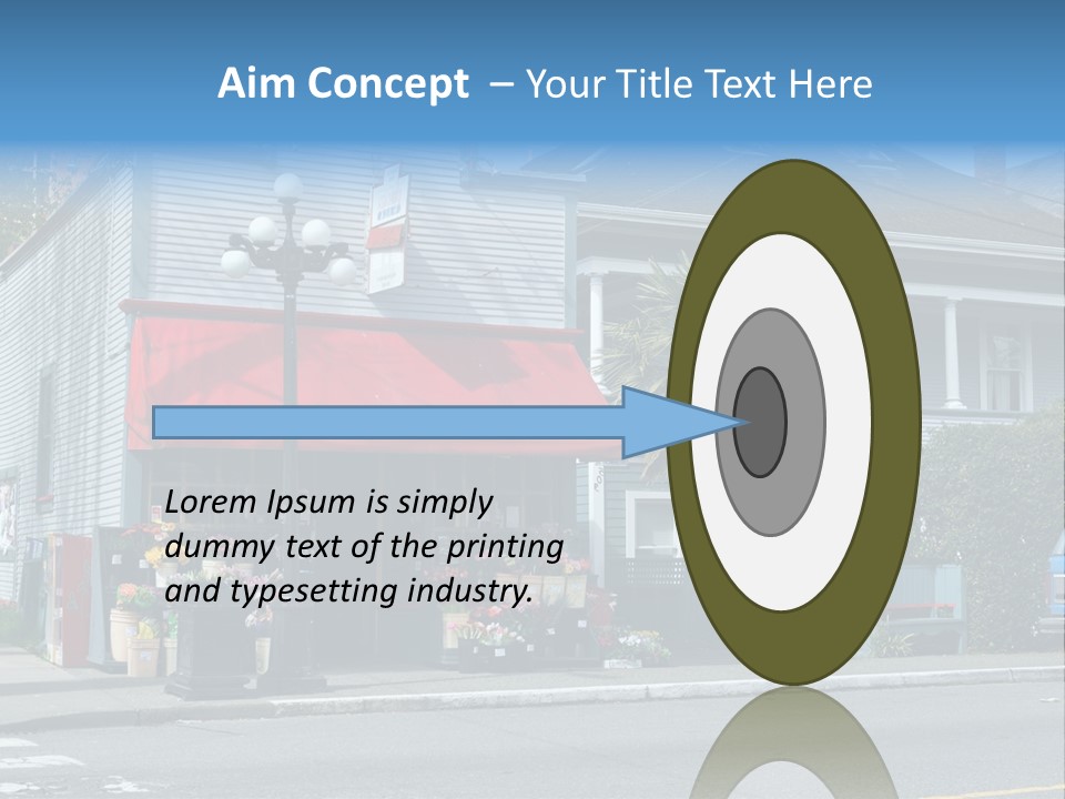 A Blue Building With A Red Awning On A Street Corner PowerPoint Template