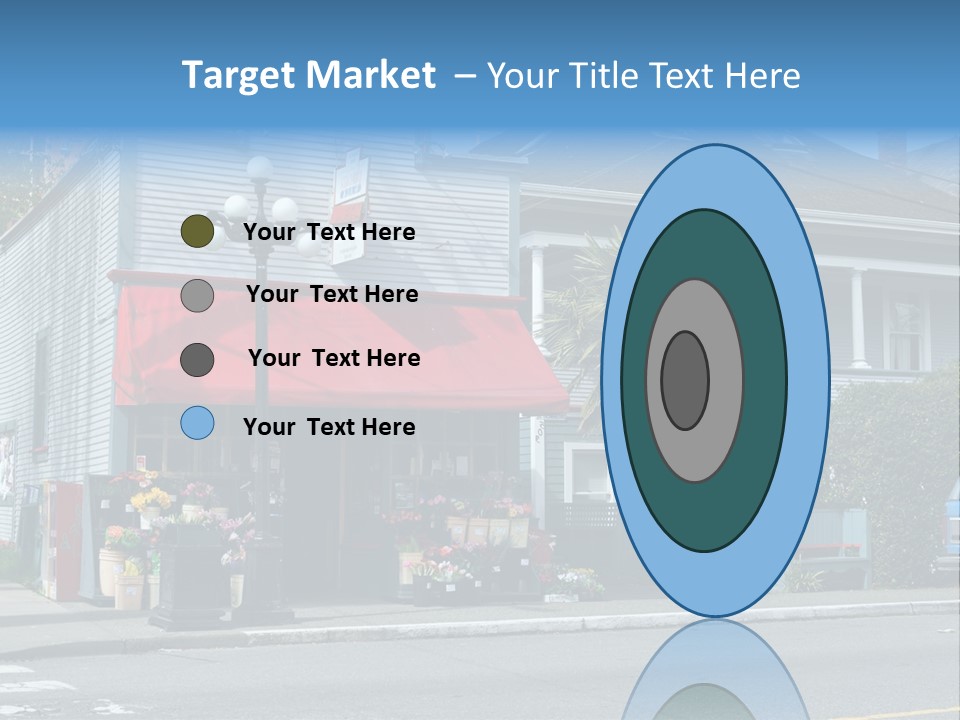 A Blue Building With A Red Awning On A Street Corner PowerPoint Template