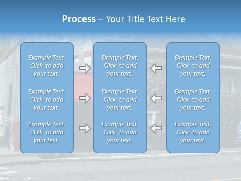 A Blue Building With A Red Awning On A Street Corner PowerPoint Template