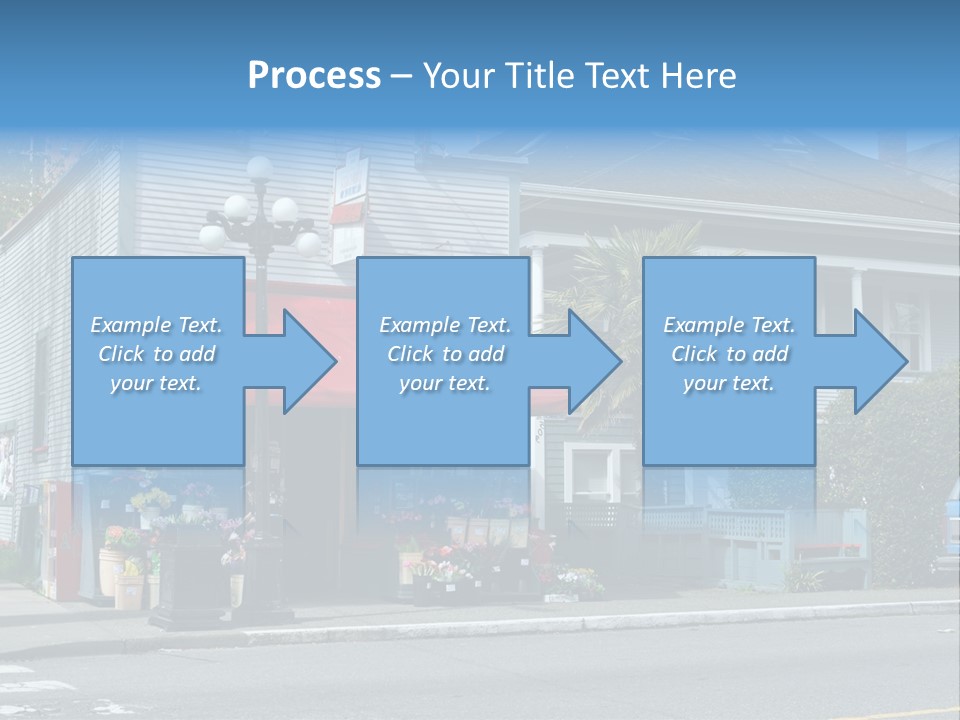 A Blue Building With A Red Awning On A Street Corner PowerPoint Template