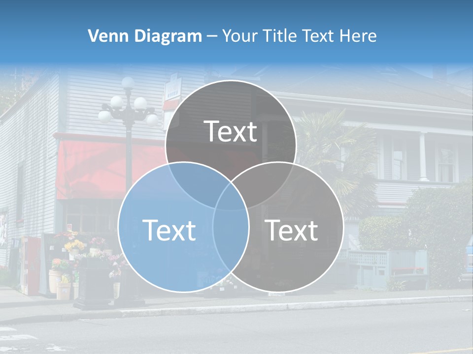 A Blue Building With A Red Awning On A Street Corner PowerPoint Template