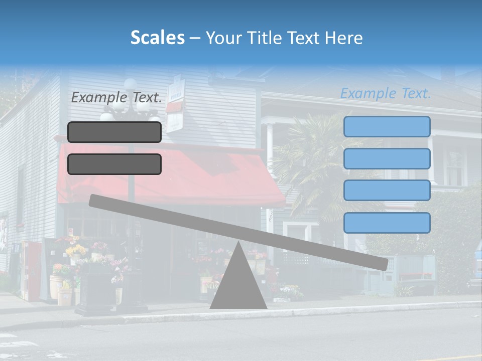 A Blue Building With A Red Awning On A Street Corner PowerPoint Template