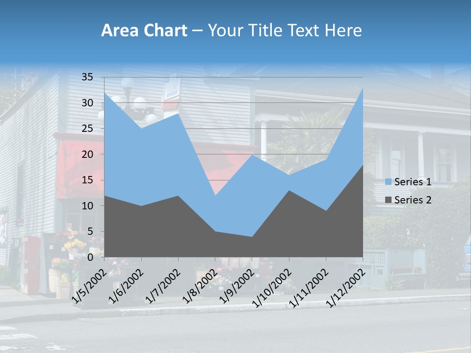A Blue Building With A Red Awning On A Street Corner PowerPoint Template