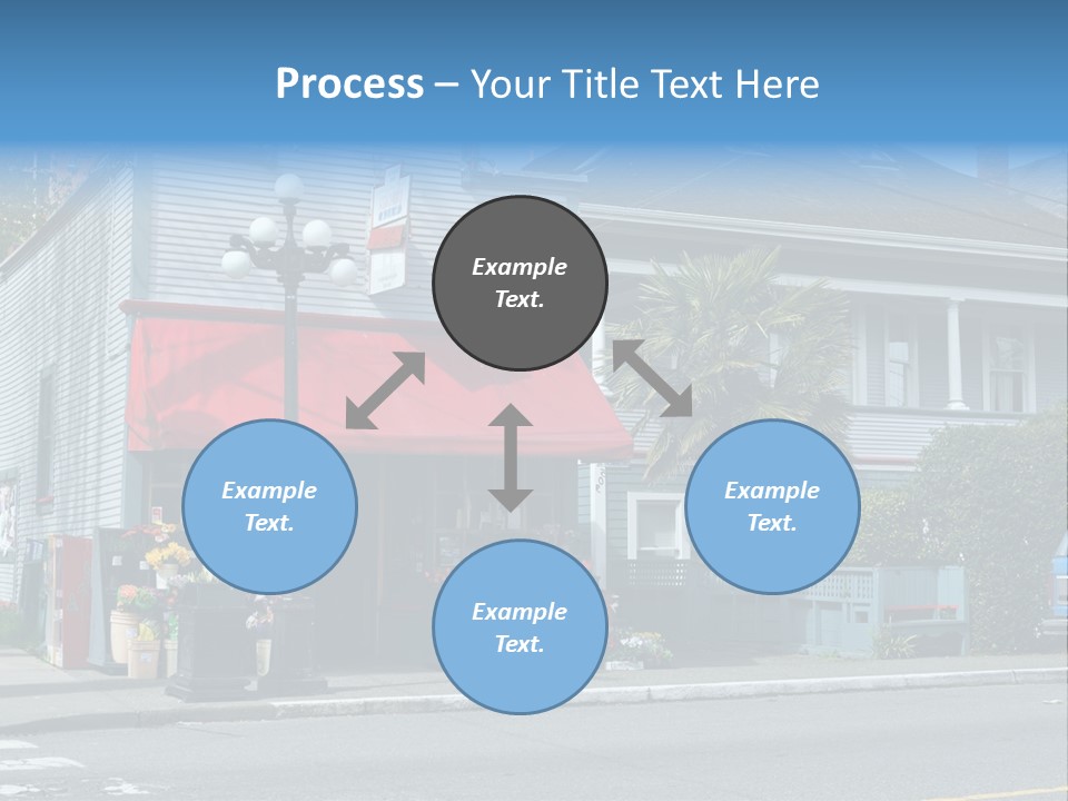 A Blue Building With A Red Awning On A Street Corner PowerPoint Template