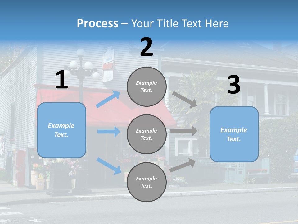 A Blue Building With A Red Awning On A Street Corner PowerPoint Template