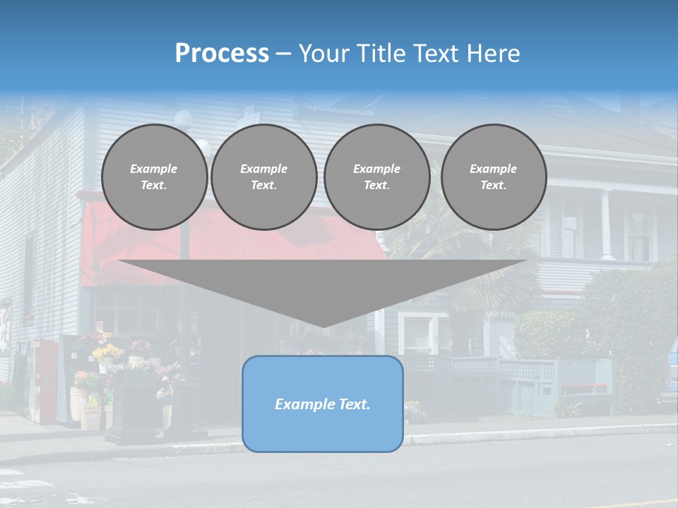 A Blue Building With A Red Awning On A Street Corner PowerPoint Template