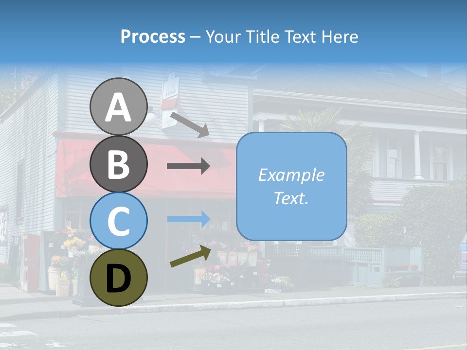 A Blue Building With A Red Awning On A Street Corner PowerPoint Template