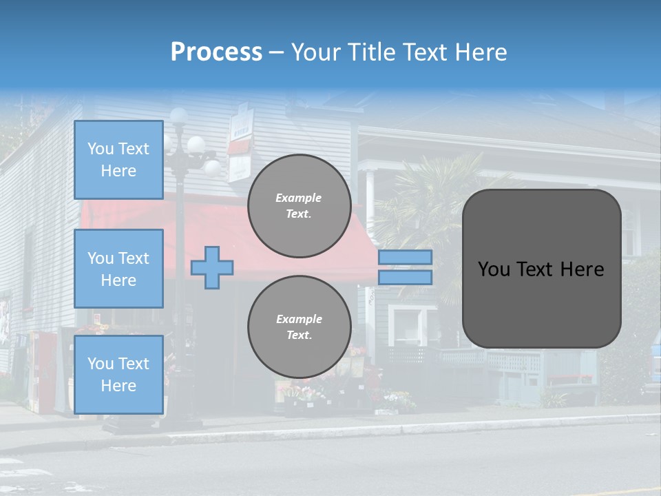 A Blue Building With A Red Awning On A Street Corner PowerPoint Template