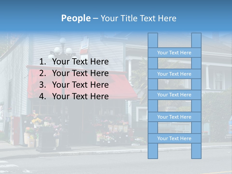 A Blue Building With A Red Awning On A Street Corner PowerPoint Template