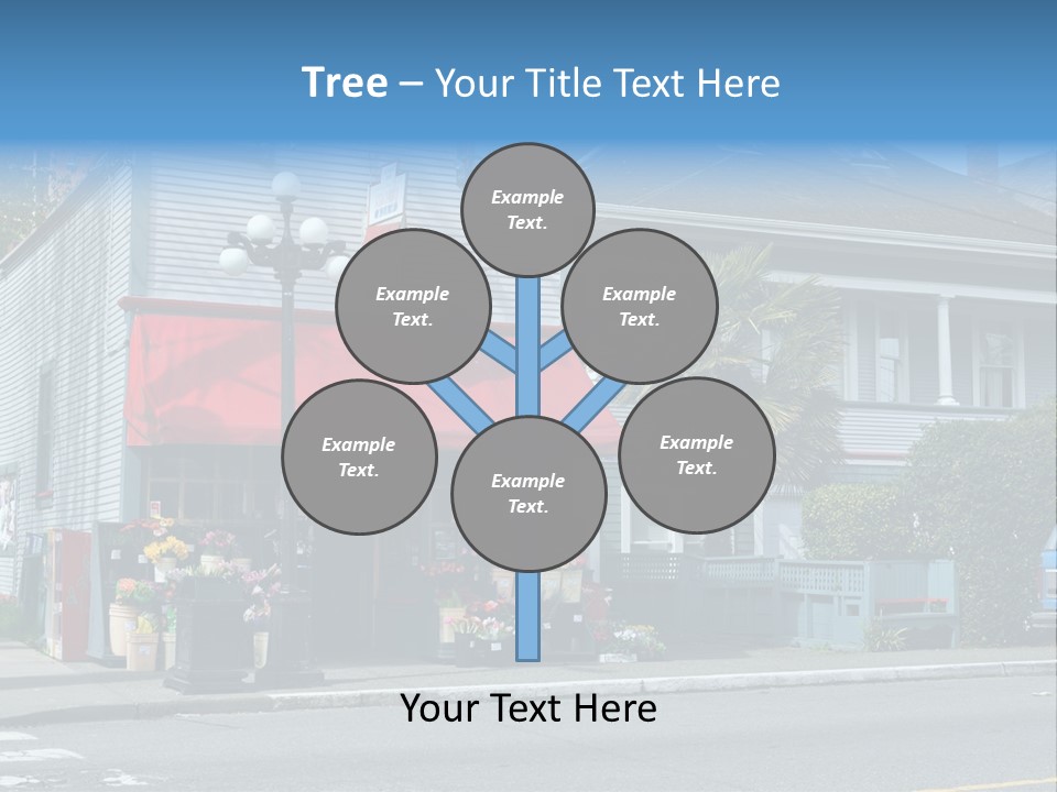 A Blue Building With A Red Awning On A Street Corner PowerPoint Template