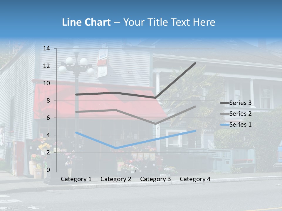 A Blue Building With A Red Awning On A Street Corner PowerPoint Template