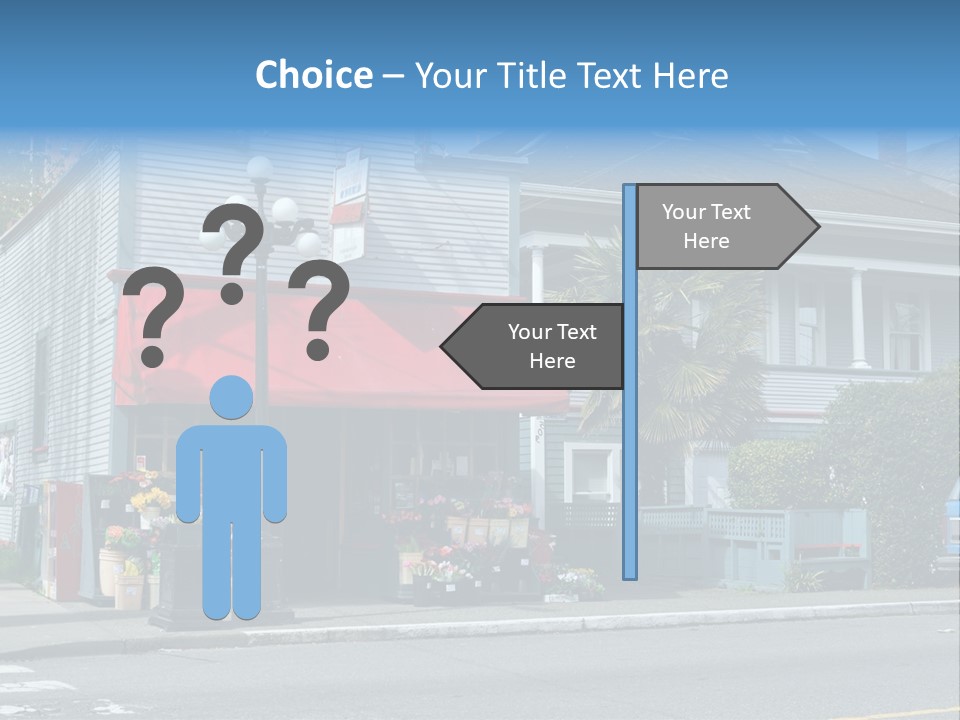 A Blue Building With A Red Awning On A Street Corner PowerPoint Template