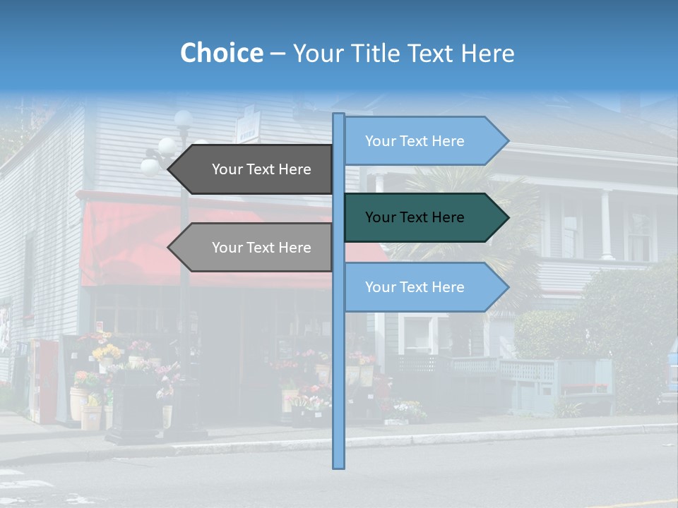 A Blue Building With A Red Awning On A Street Corner PowerPoint Template