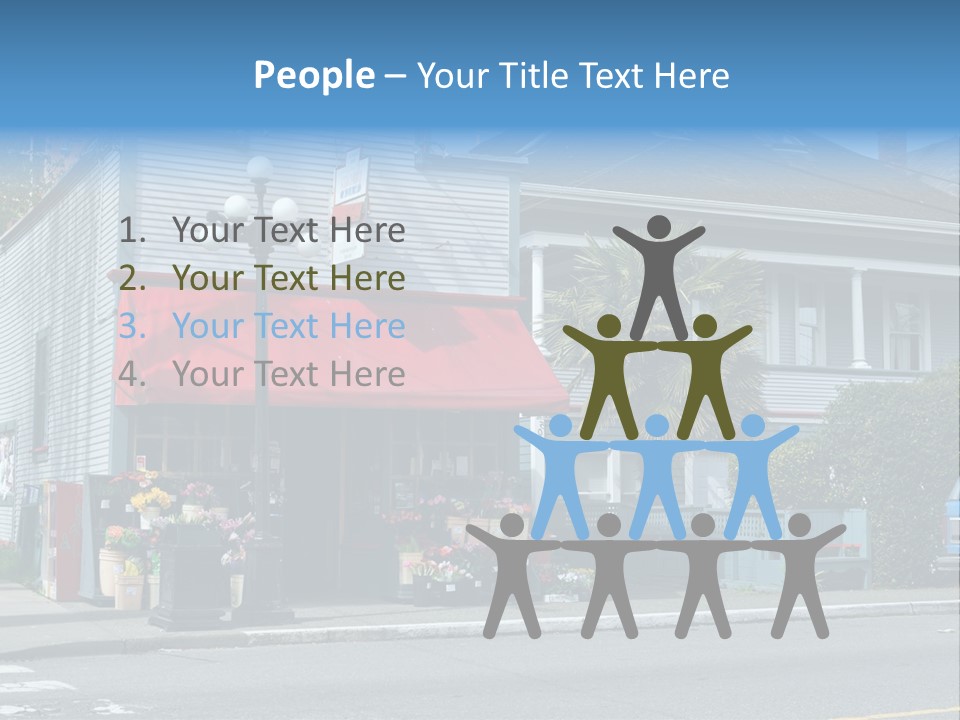 A Blue Building With A Red Awning On A Street Corner PowerPoint Template