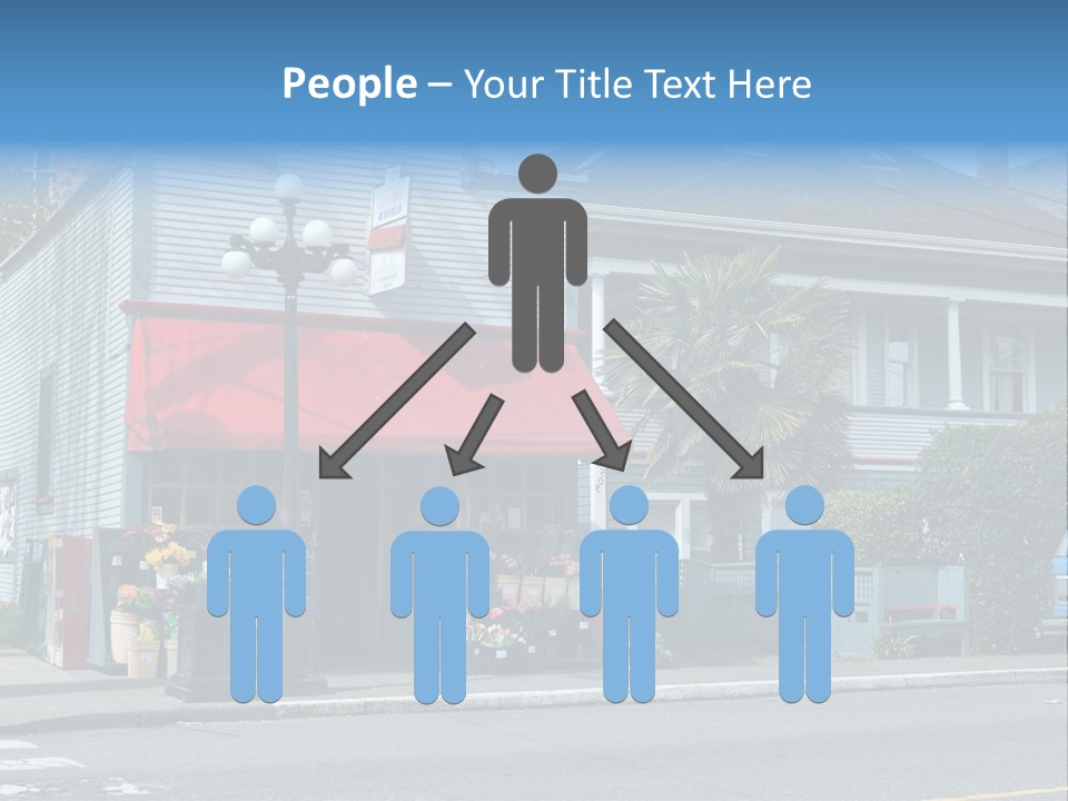 A Blue Building With A Red Awning On A Street Corner PowerPoint Template