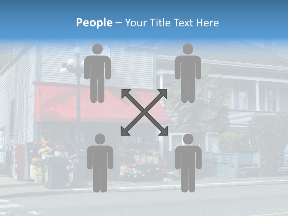 A Blue Building With A Red Awning On A Street Corner PowerPoint Template