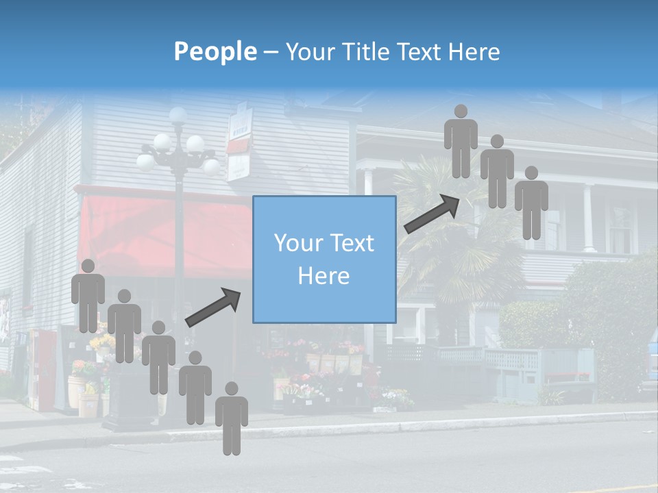 A Blue Building With A Red Awning On A Street Corner PowerPoint Template