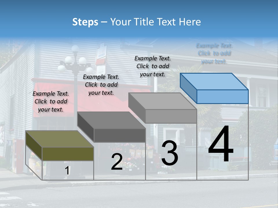 A Blue Building With A Red Awning On A Street Corner PowerPoint Template