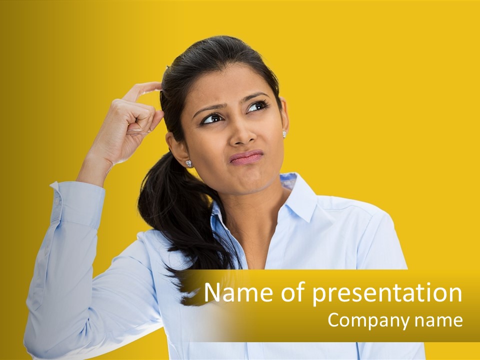 A Woman Holding Her Hand Up To Her Head PowerPoint Template