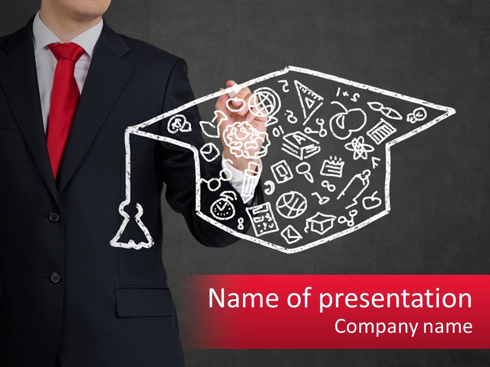 A Man In A Suit Holding A Chalkboard With A Graduation Cap On It PowerPoint Template