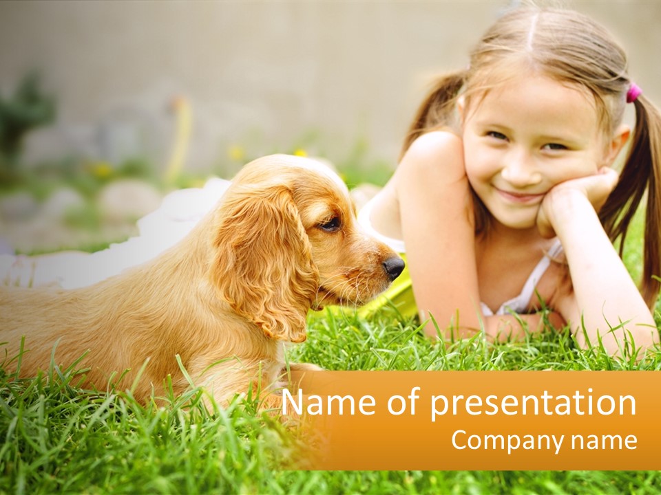 A Little Girl Laying On The Grass With A Dog PowerPoint Template