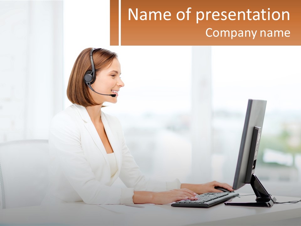 A Woman Wearing A Headset Using A Computer PowerPoint Template