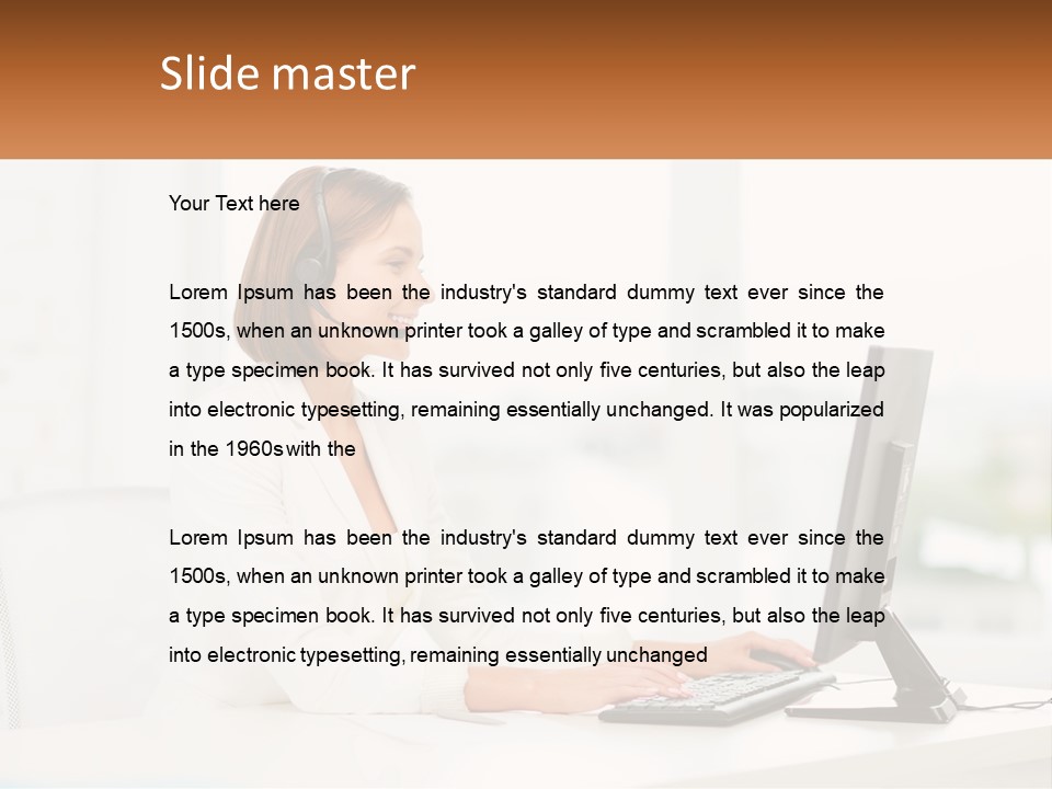 A Woman Wearing A Headset Using A Computer PowerPoint Template