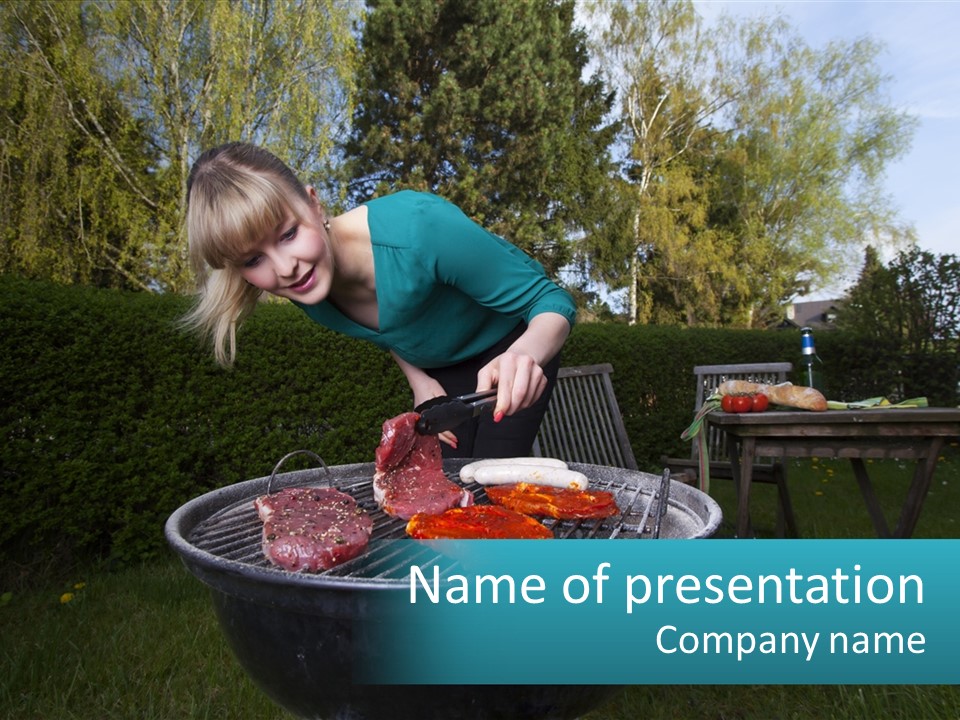 A Woman Cooking Steaks On A Grill In A Backyard PowerPoint Template