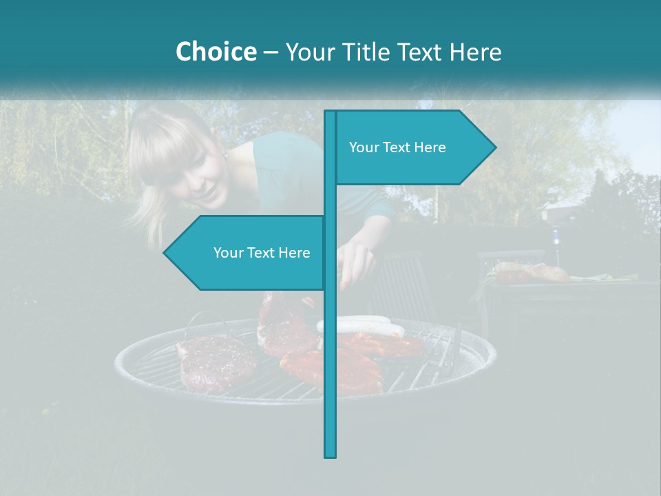 A Woman Cooking Steaks On A Grill In A Backyard PowerPoint Template