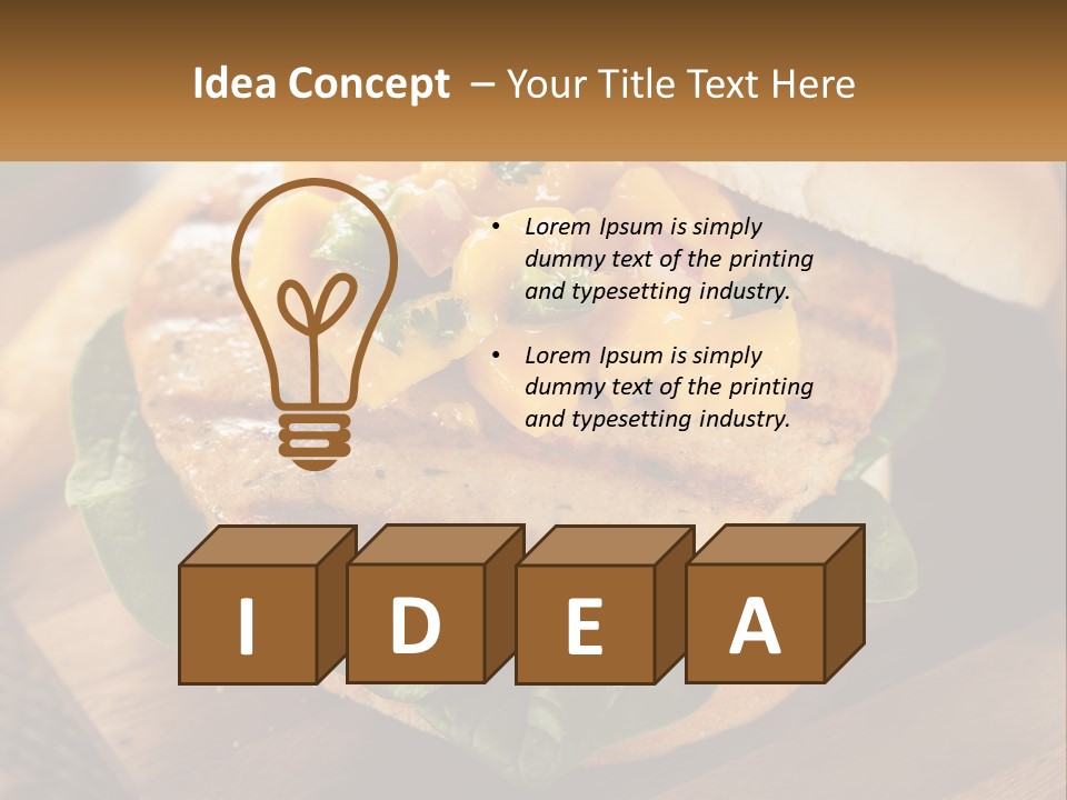 A Chicken Sandwich With Cheese And Lettuce On A Wooden Cutting Board PowerPoint Template