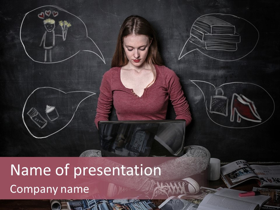 A Woman Sitting In Front Of A Blackboard With A Laptop PowerPoint Template