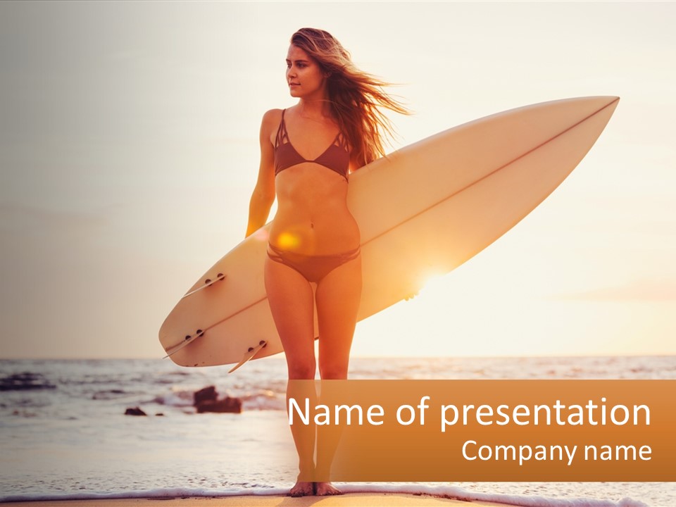 A Woman In A Bikini Holding A Surfboard On The Beach PowerPoint Template