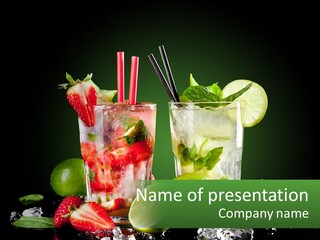 Two Glasses Of Ice Tea With Strawberries And Limes PowerPoint Template