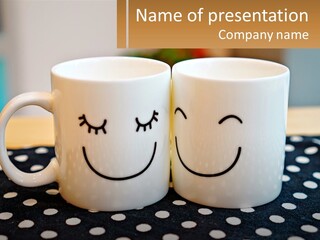 Two Coffee Mugs With Faces Drawn On Them PowerPoint Template
